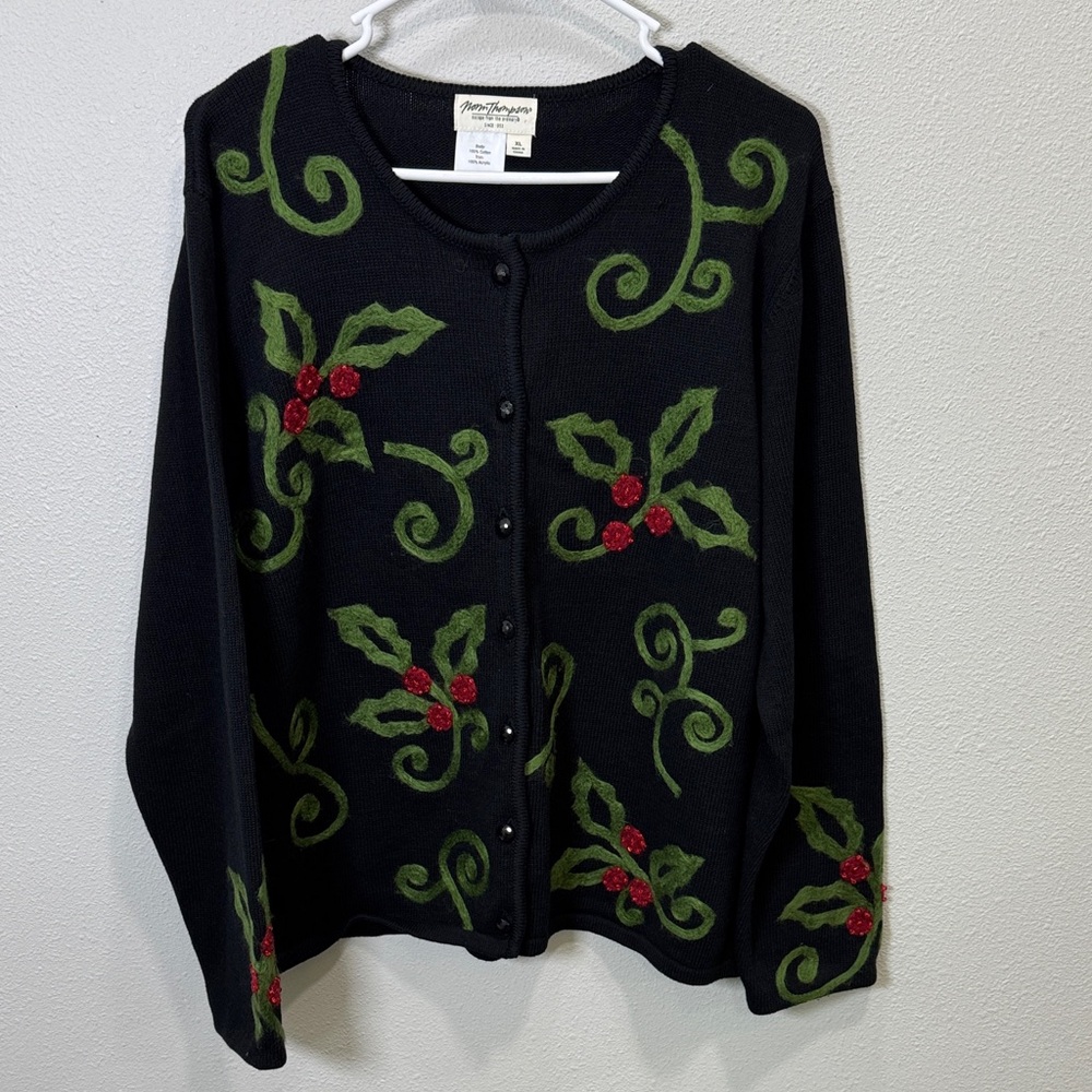 Norm Thompson Black and Green Christmas‎ Sweater with Holly and berries